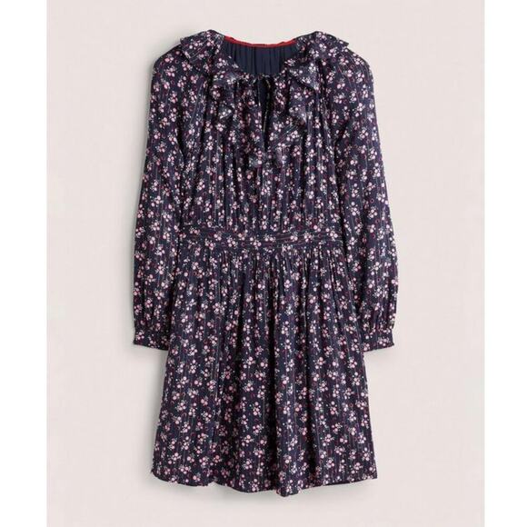 BODEN Metallic Frill Ruffle Detail Mini Fall Dress Navy Berry Sprig Floral Large - Picture 5 of 7
